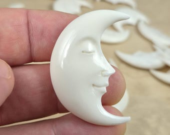 White Bone Crescent Moon Face Pendant, Reversible Hand-Carved Lunar Charm, 45mm