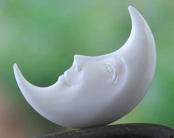 Reversible Moon Face Cabochon • Natural Bone • 45mm Crescent Lunar Focal • Eyes Open