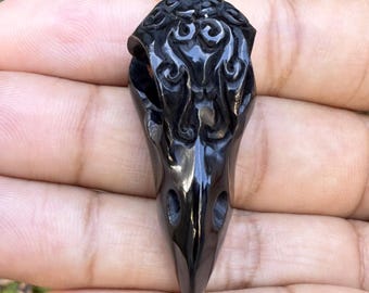 Stylized Raven Skull Pendant • Bull Horn • Hand-Carved • Ornate Scrollwork • 41mm