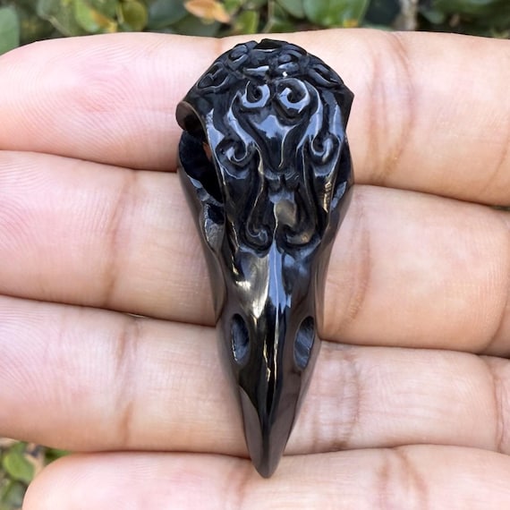 Stylized Raven Skull Pendant • Bull Horn • Hand-Carved • Ornate Scrollwork • 41mm