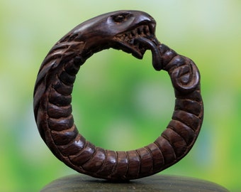 Ouroboros Symbol Snake Hand Carved Exotic Sono Wood Beautiful Organic Carvings High Quality Ornaments Decorations and Collectors Piece