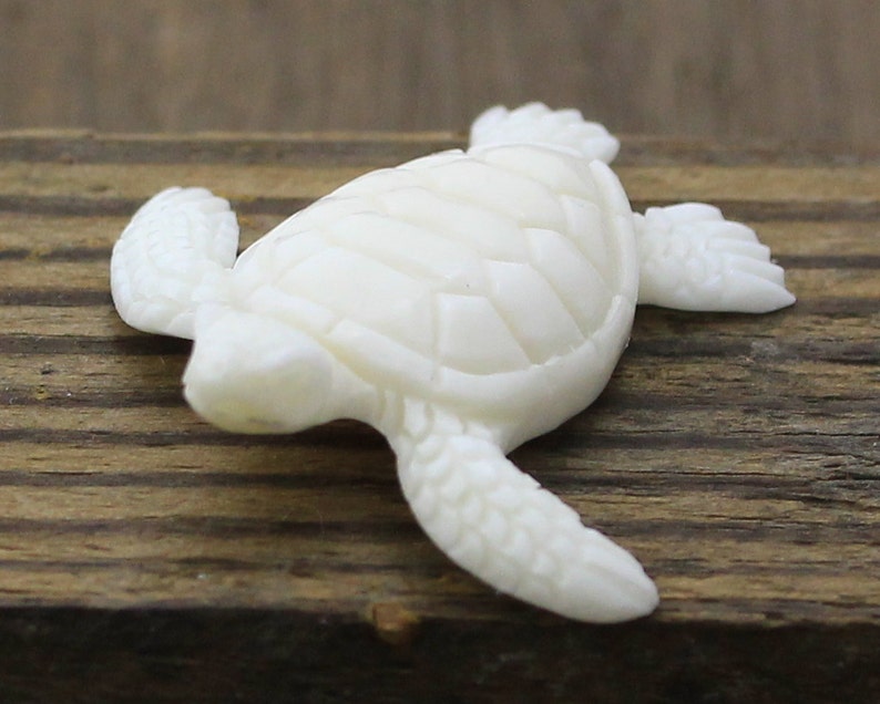 Hand-carved white buffalo bone sea turtle cabochon shown from above, with detailed shell plates and textured flippers outstretched as if swimming, resting on rustic wood as a focal for coastal and beach-inspired jewelry designs.