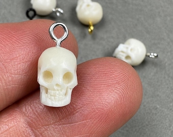 Hand Carved Bone Mini Skulls - Dangles, Charms, Pendants with Stainless Steel Eye Loop, 10mm