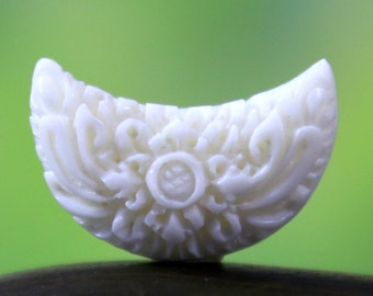Carved Bone Crescent Moon • Ornate Floral Half-Moon • Small Focal
