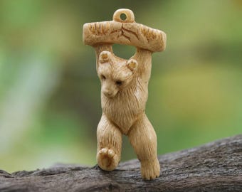 Hand-Carved Bone Bear Charm, Forest Animal Pendant for Nature Jewelry, 44mm