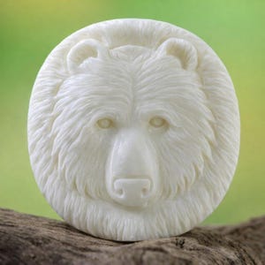 Hand Carved Bone Bear Face Cabochon Round Wildlife Focal, 35mm