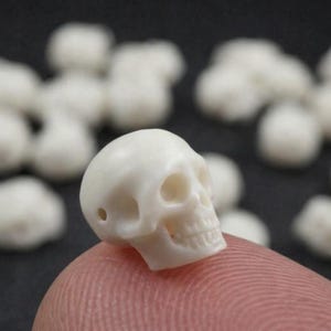 May include: A small, off-white skull figurine with detailed facial features, including eye sockets, a nasal cavity, and teeth. The skull is resting on a fingertip, with other similar skulls blurred in the background. The figurine is likely a decorative item or part of a craft project.