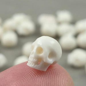 May include: A small, white skull bead with detailed facial features. The bead is held on a fingertip, with other similar beads blurred in the background. The skull has eye sockets, a nose cavity, and a jaw.