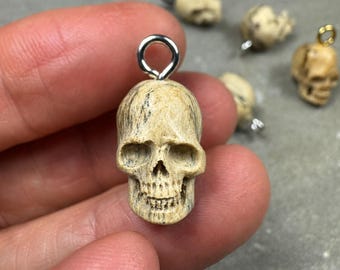 Hand-Carved Tamarind Wood Skull Charm with Stainless Steel Eye Screw Loop, 17mm