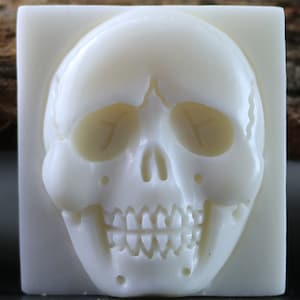 May include: A square, off-white skull sculpture with detailed facial features, including eye sockets, a nose cavity, and teeth. The skull is centered on the square, with a smooth, matte finish. The background is blurred, highlighting the skull.