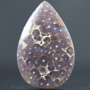 May include: A teardrop-shaped gemstone with a unique pattern of purple and brown hues, speckled with small white circular inclusions. The stone has a polished surface and a natural, organic appearance, perfect for jewelry making.