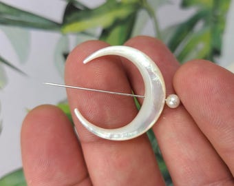 Iridescent Mother of Pearl Double Horn Crescent Moon, Drilled Pendant with Celestial Glow, 27mm