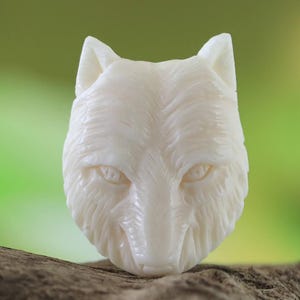 Intricately Carved Wolf Head Totem Pendant: Cow Bone Cabochon Charm for Spiritual Jewelry Crafting, 31mm