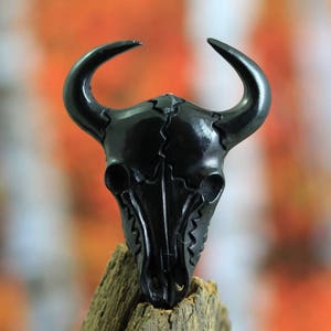 Black Horn Steer Skull Pendant, Organic Bull Horn, Rustic Cowboy Western Themed Carving, 39mm