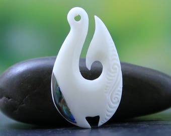 Fish Hook Maori Hawaiian Bone Carving with Loop Manaia Hei Matau Inlay Abalone Shell