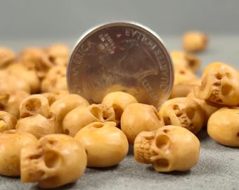 Carved Bone Skull Beads • Top-Drilled Mini • Antique Stain • ~10mm