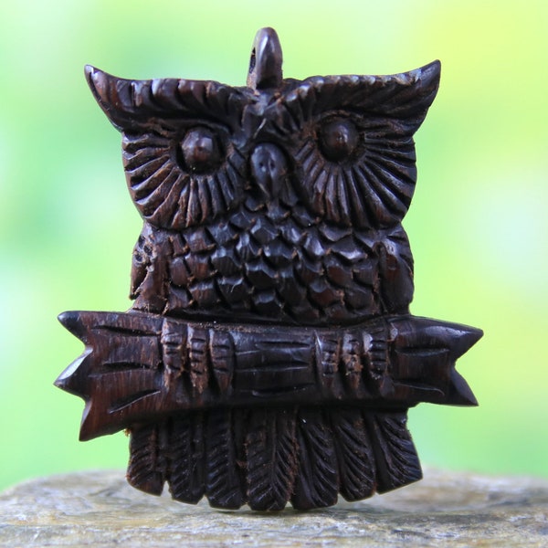 Intricately Hand Carved Owl Wood Carving Side Top Loop Pendant or Focal Bead