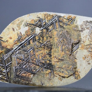 Large, freeform polished cabochon of Sagenite Rutilated Quartz with a light matrix and striking black and reddish-brown rutile needle inclusions forming intricate, geometric patterns.