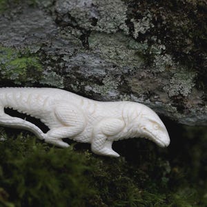 May include: Ivory-colored carved lizard figurine with detailed scales and features. The reptile is lying on a bed of green moss, with a textured rock in the background. The figurine has a curved tail and is well-defined.