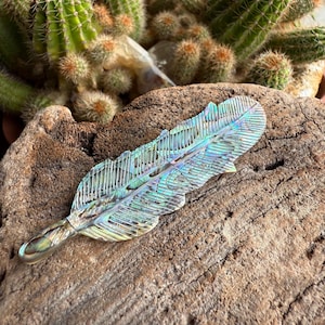 May include: Iridescent feather-shaped object with a carved design, displaying shades of green, blue, and purple. The decorative piece is resting on a piece of weathered wood, with a cactus in the background.