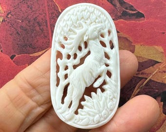 Hand-Carved Bone Leaping Buck • Stag in Forest Openwork Pendant Focal for Jewelry • 58mm