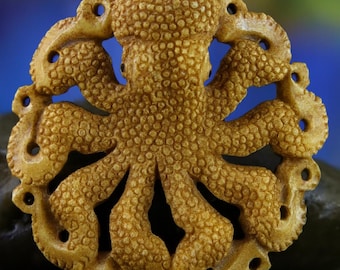 Antique Stained Bone Octopus Carving • Handcrafted Ocean Pendant from Ethically Sourced Bone • 41mm