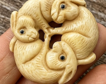 Carved Bone Rabbit Trio • Circle of Hares Pendant • Hand-Stained Bone • 36mm