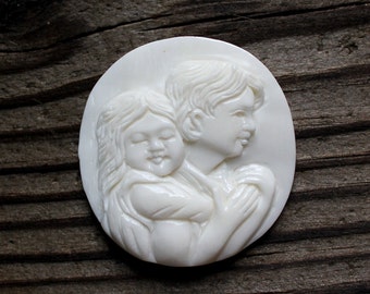 Carved Bone Cameo • Boy and Girl Relief • Oval Portrait Focal