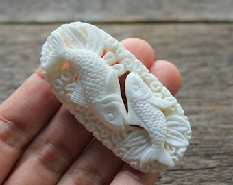 Hand-Carved Bone Koi Pair Medallion for Feng Shui and Statement Jewelry • 61mm