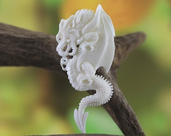 Hand Carved Dragon Bone Charm Winged Fantasy Pendant • 69mm