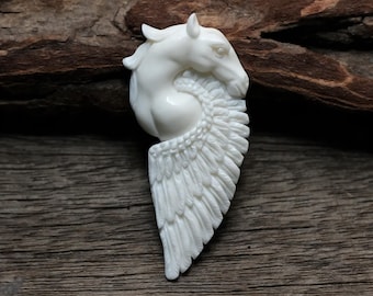 Hand-Carved Bone Pegasus Horse with Feathered Wing Focal for Totem Jewelry • 68mm