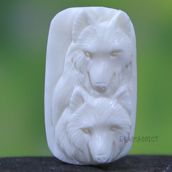 1PC Wolf Pair Carved Bone Native American Spirit Animal Totem Jewelry Faux Ivory Made from Cow Bone Ethically Sourced Carvings 32MM