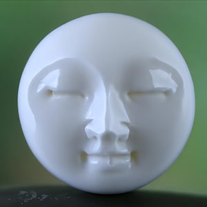 May include: A white, spherical sculpture with a serene face. The face features closed eyes, a defined nose, and a slightly parted mouth. The smooth, glossy surface reflects light, creating highlights and shadows. The background is a gradient of green.
