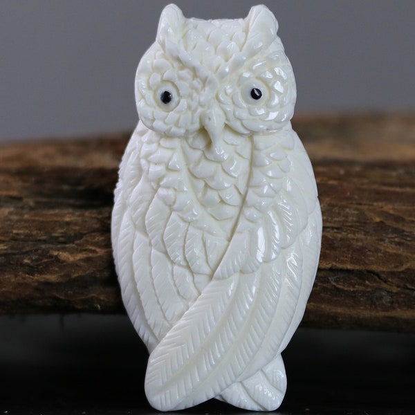 Carved Owl Jewelry Accessory Bird Totem Faux Ivory Findings & Decorations Superb Detail Organic Pendant Carving from Organic Cow Bone 51MM