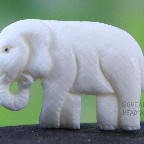 Elephant Carving Handcrafted Jewelry Designers Collectors Piece Faux Ivory Realistic Carving Made from Recycled Cow Bone Animal Totem 33MM