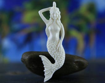 Mermaid Pendant Bone Carving Do It Yourself Necklace Stringing Easy Jewelry Making Side Drilled Intricate Detail Carving