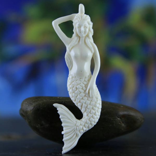 Mermaid Pendant Bone Carving Do It Yourself Necklace Stringing Easy Jewelry Making Side Drilled Intricate Detail Carving