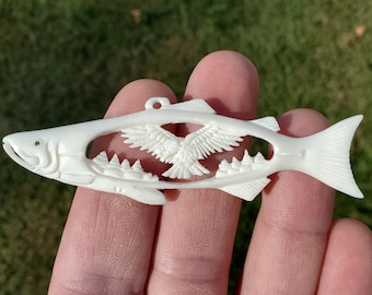 100% Hand-Carved Bone Salmon Pendant with Eagle Wildlife Totem Fish Focal, 87mm