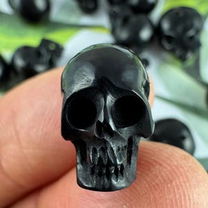 Carved Skull Bead, Black Bull Horn, Top Drilled, 16mm