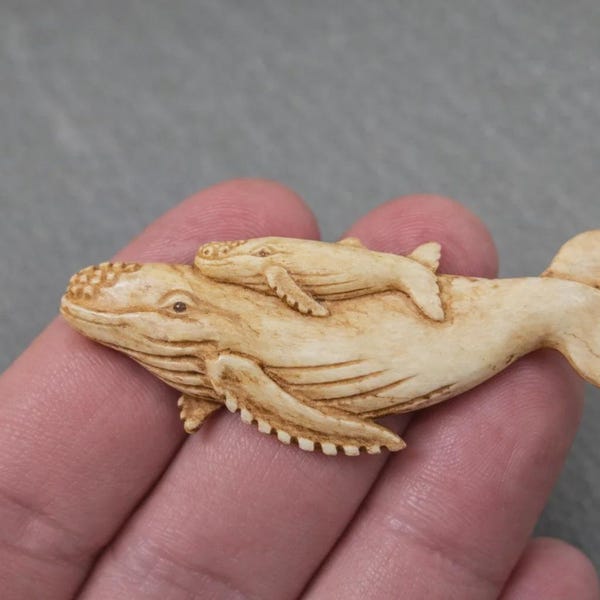 Whale Mother & Calf • Hand-Carved Recycled Cow Bone with Antique Finish • 64mm