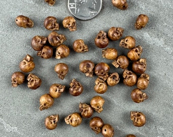Dark Antique Skull Beads Hand Carved Bone Tiny Gothic Beads • 10mm