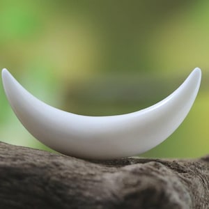 May include: A white, crescent-shaped decorative object, possibly a sculpture or ornament. The smooth, curved form is set against a blurred green and brown background, resting on a piece of weathered wood. The object's shape resembles a moon.