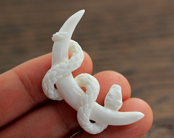 Hand Carved Bone Crescent Moon Snake Designer Focal Pendant, Tribal Jewelry Organic Carving, Serpent Sculpture, 45mm