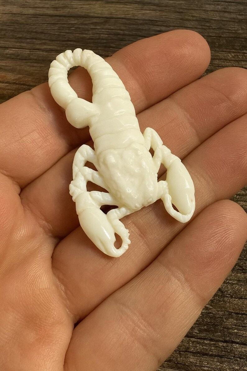 May include: A detailed, off-white scorpion figurine. The scorpion is sculpted with visible segments, claws, and a curved tail. The figurine is held in a hand, showcasing its size and intricate design. The overall theme is a decorative item or a piece of jewelry.