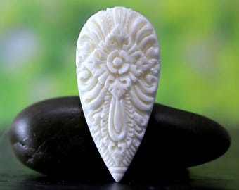 Hand Carved Bone Ornate Filigree Pendant Floral Scrollwork Statement Focal, 53mm