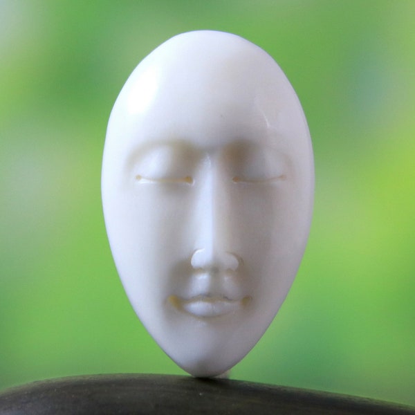 Face Carved Eyes Closed Hand Carved Bone Oval Resting Moon Sleeping Nighttime Dreams Organic Sustainable Handcarved Jewelry CabAddict 31MM