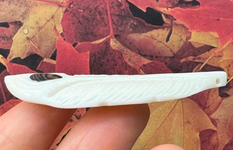 May include: A carved, off-white feather pendant with a small, dark brown accent. The pendant has a hole at the end for stringing. The feather design is detailed with carved lines. The background is a mix of autumn leaves.