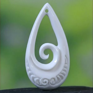 Teardrop Bone Pendant • Koru Wave Motif • Hand-Carved Talisman • 50mm