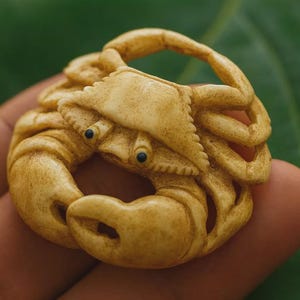 Könnte beinhalten: Eine detaillierte, geschnitzte Krabbenfigur in hellbrauner Farbe. Die Krabbe hat einen abgerundeten Körper, markante Scheren und kleine schwarze Augen. Die Figur wird in einer Hand gehalten, mit einem grünen Hintergrund. Die Merkmale der Krabbe sind fein detailliert.