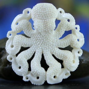 Octopus Hand Carved Pendant, Round Realistic Ocean Animal, Upcycled Bone, 41mm